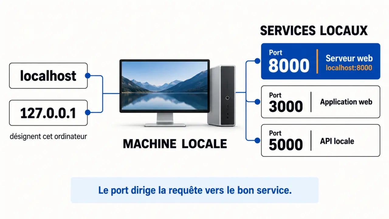 Schéma du fonctionnement de localhost:8000, de l'adresse 127.0.0.1 et des ports de développement
