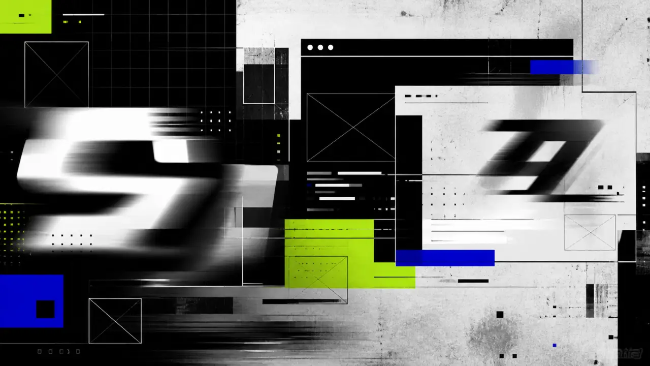 Composition chaotique de formes géométriques néo-brutalistes et typographie en mouvement