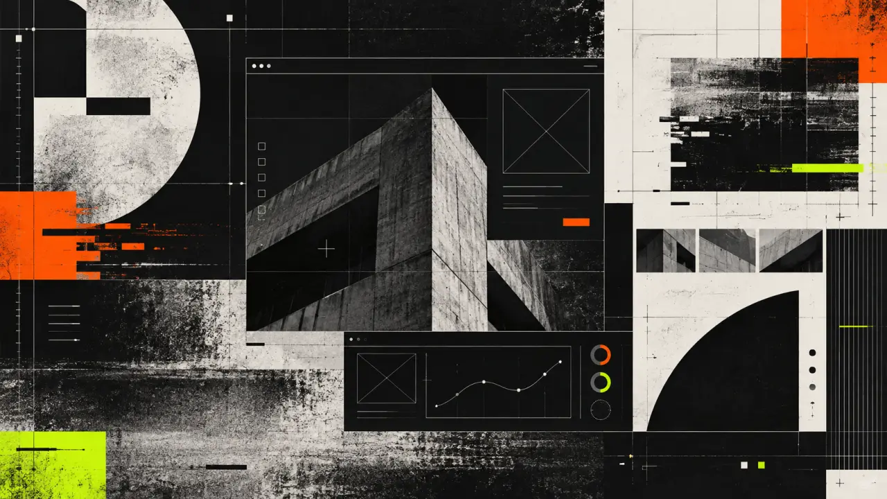 Composition brutale de fenêtres web, typographie monospace et formes géométriques contrastées
