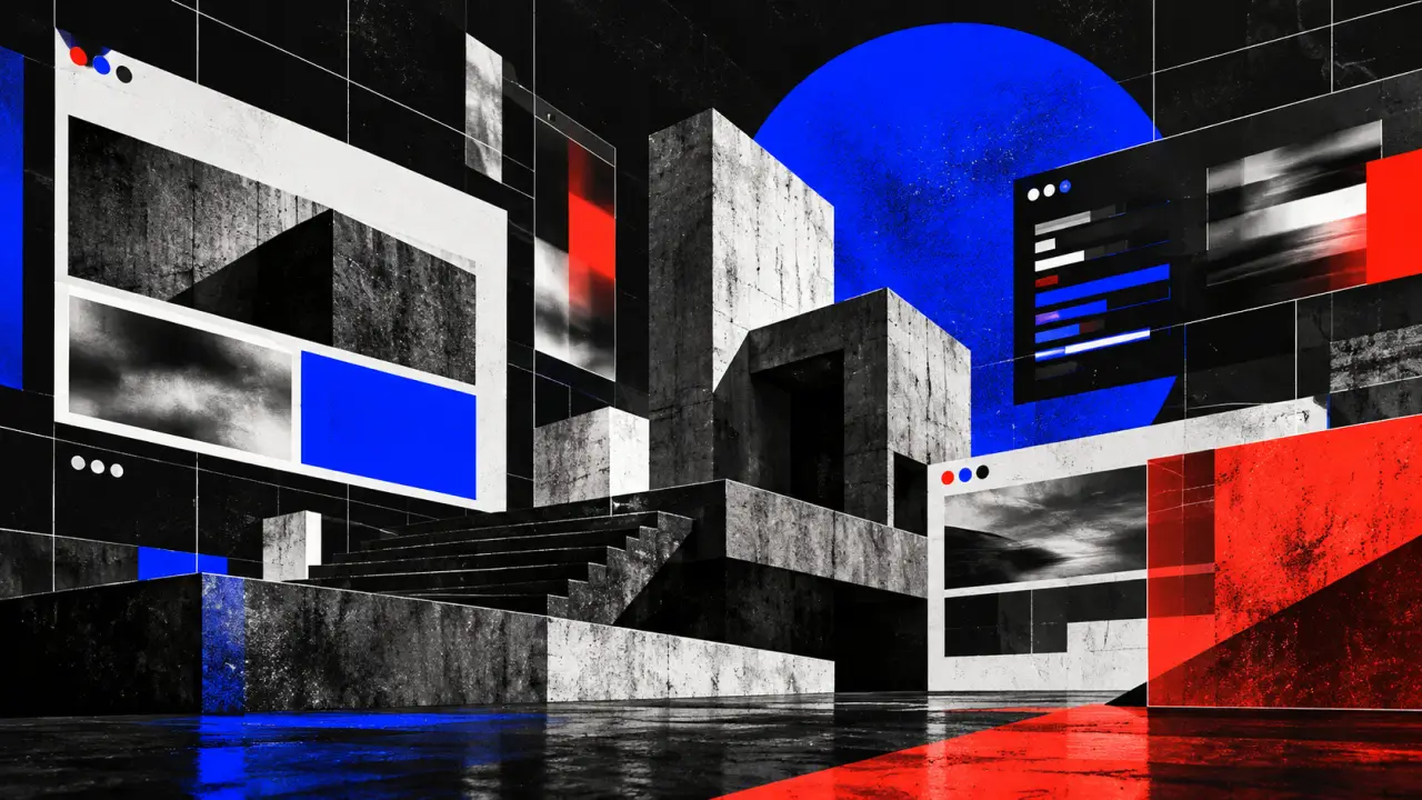 Composition abstraite et chaotique illustrant une mise en page CSS brutaliste