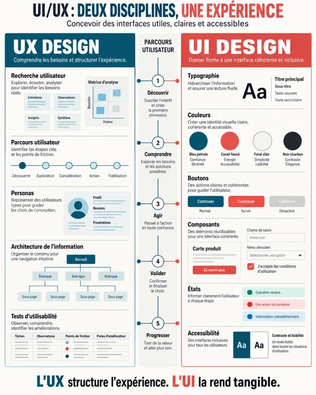 Infographie comparative sur l’UI/UX experience, l’UX design et l’UI design
