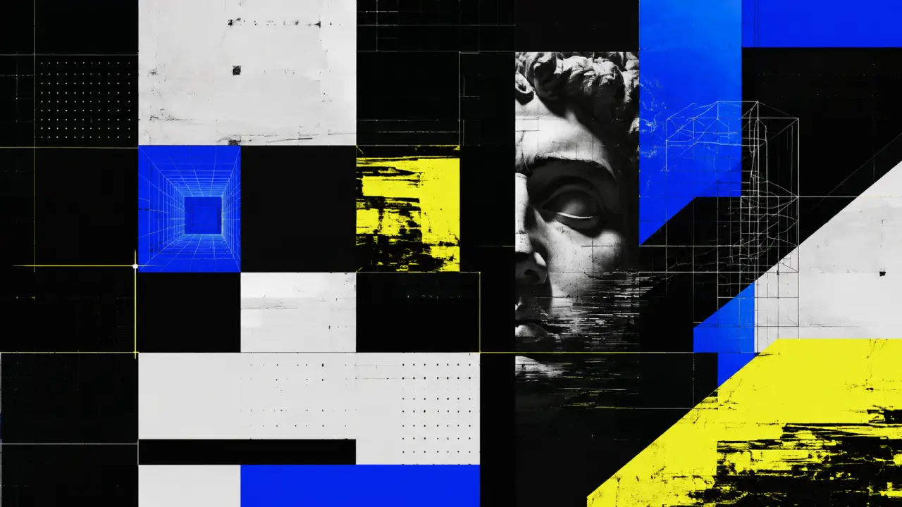 Composition brutaliste abstraite avec formes géométriques et contrastes néon