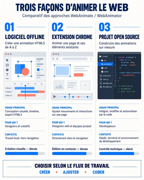Infographie WebAnimate comparant logiciel WebAnimator, extension Chrome et projet open source