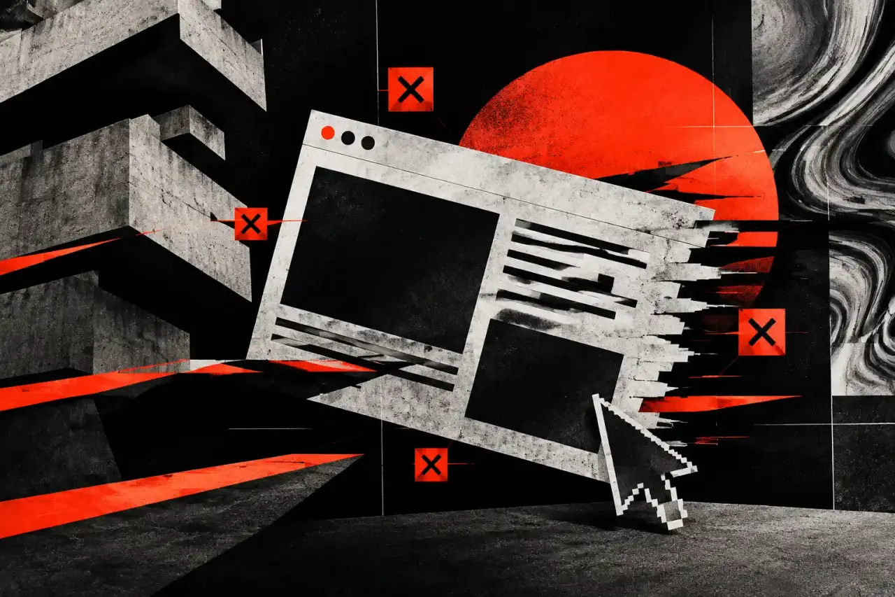 Composition abstraite néo-brutaliste illustrant des erreurs CSS et une interface web radicale