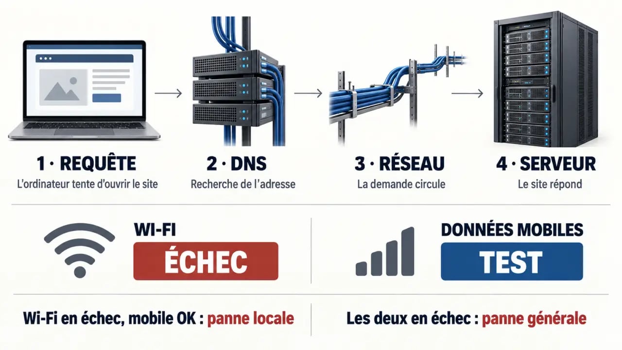 Schéma de diagnostic pour comprendre pourquoi un web inaccessible ne répond pas