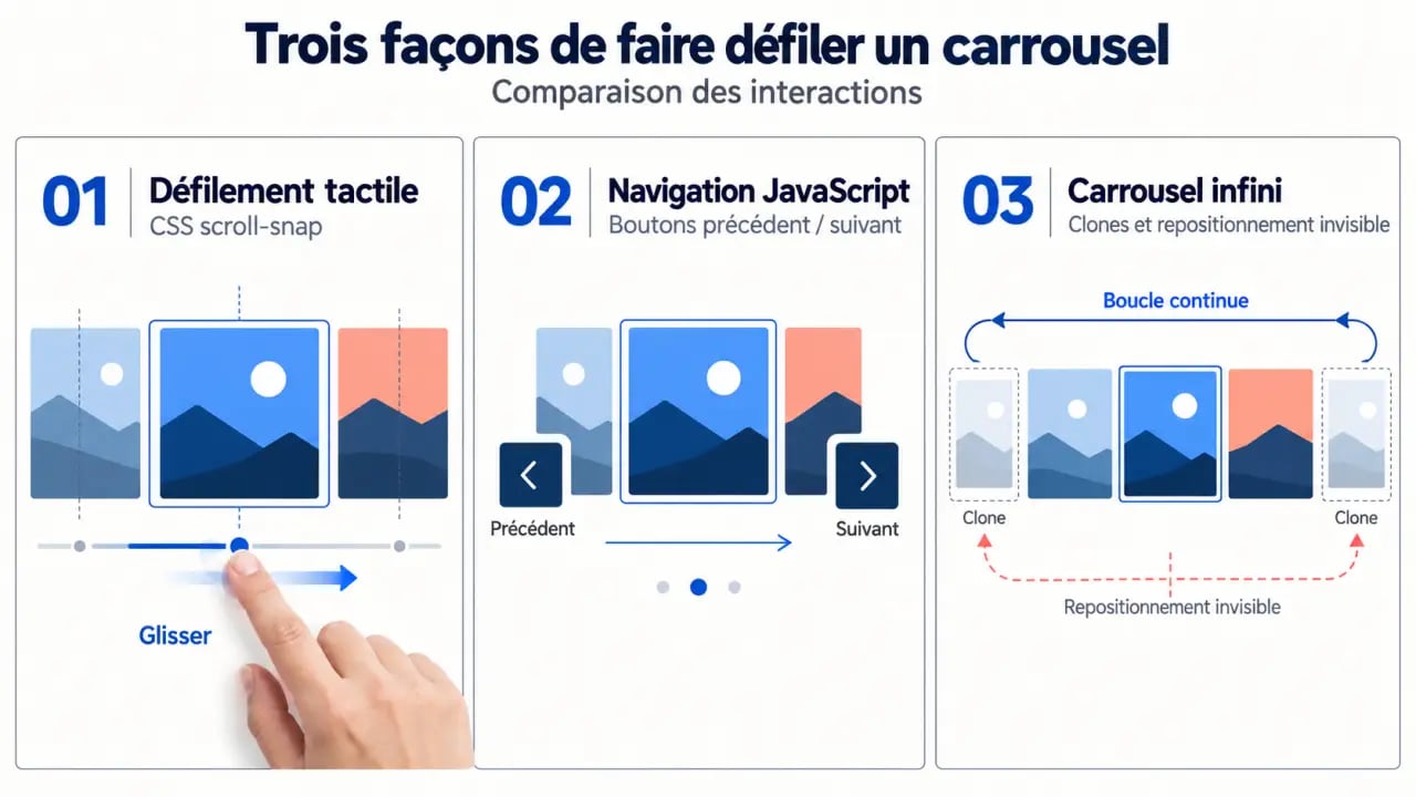 Carrousel JavaScript : comparaison entre scroll-snap, navigation par boutons et boucle infinie
