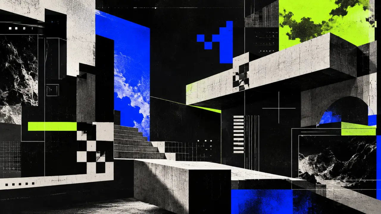 Interface de portfolio brutaliste composée de blocs typographiques et de couleurs contrastées